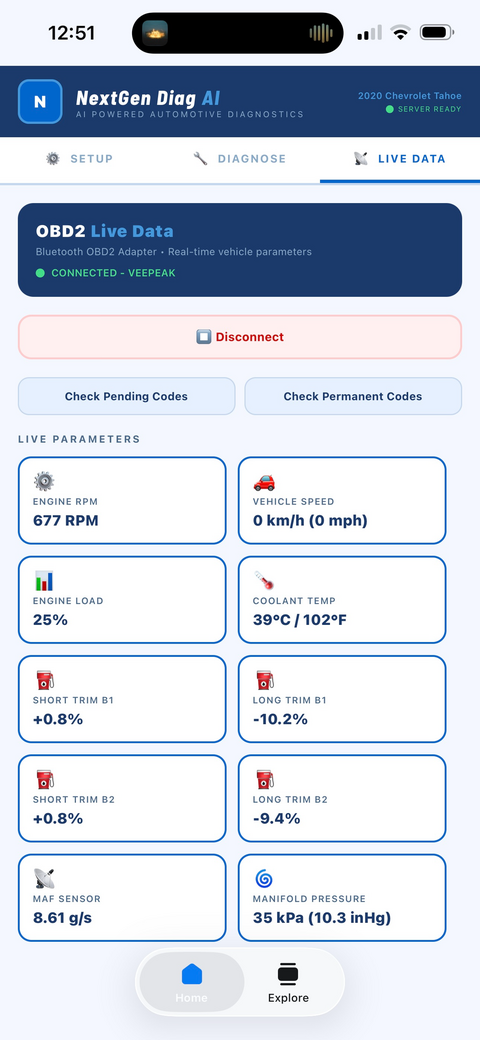 Live OBD2 data screen